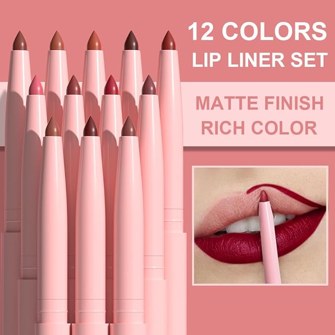 12 Colors Retractable Lip Liner Kit for Define & Sculpting Lips Shades, Long Lasting Waterproof High Pigment Matte Finish Creamy Texture Lip Liner Pencil Set for Women (12 Colors, M)
