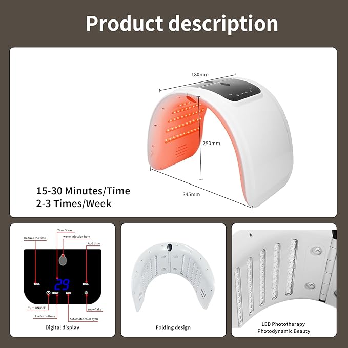 Light Mask - 7 Color Photon Facial Device for Skin Care, Red & Blue Light for Face, Neck & Body, Rechargeable Home Use