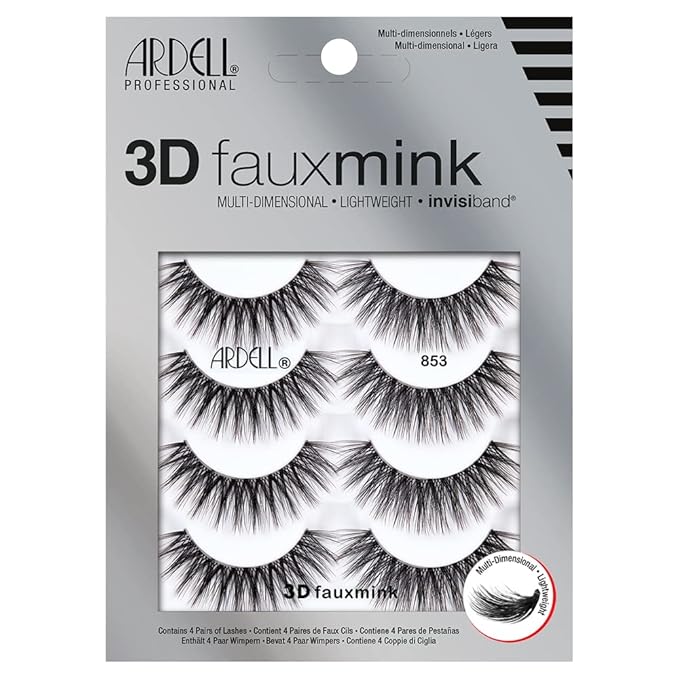 Ardell 3D Faux Mink Lashes 853 - Reusable Wispies Eyelashes with Invisiband for Seamless Volume, 4 Pairs