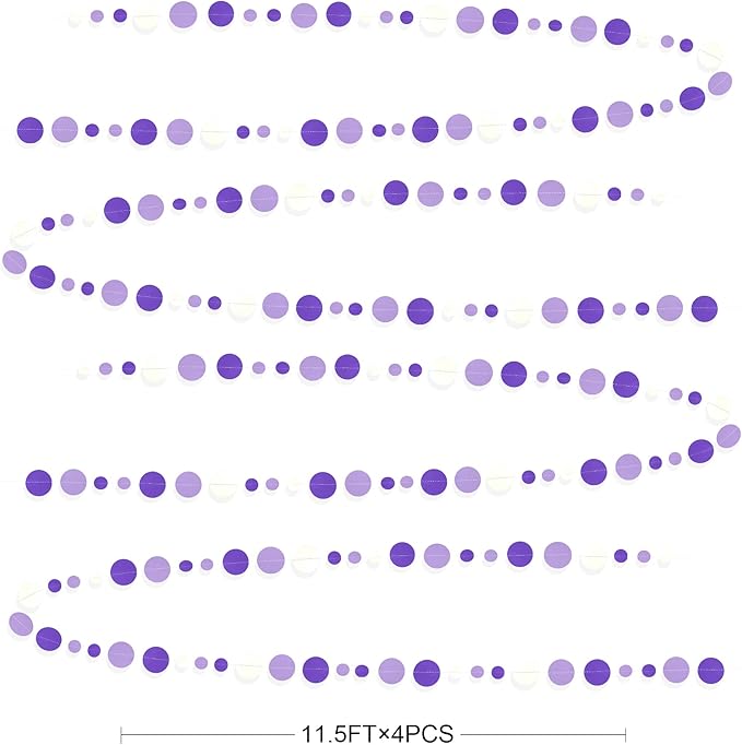 46 Ft Purple and White Circle Dots Garland Lavender Hanging Paper Polka Dot Streamer for Birthday Anniversary Engagement Wedding Baby Bridal Shower Valentine Day Lilac Theme Party Decorations Supplies