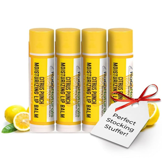 RaGaNaturals All Natural Lemon Moisturizing Lip Balm Gift Ornament for Holiday Stocking Stuffers, All Day Hydration, Original beeswax, Shea butter, Jojoba oil, Vitamin E and Love - Pack of 4 Tubes