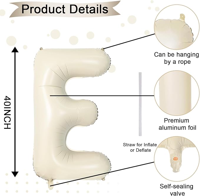 40 Inch Letter Balloons E, Big Custom A-Z Alphabet Foil Name Balloon Cream White, Self Inflating Beige Customize Helium Balloon Letters E for Women Girls Birthday Bride Baby Shower Party Decorations