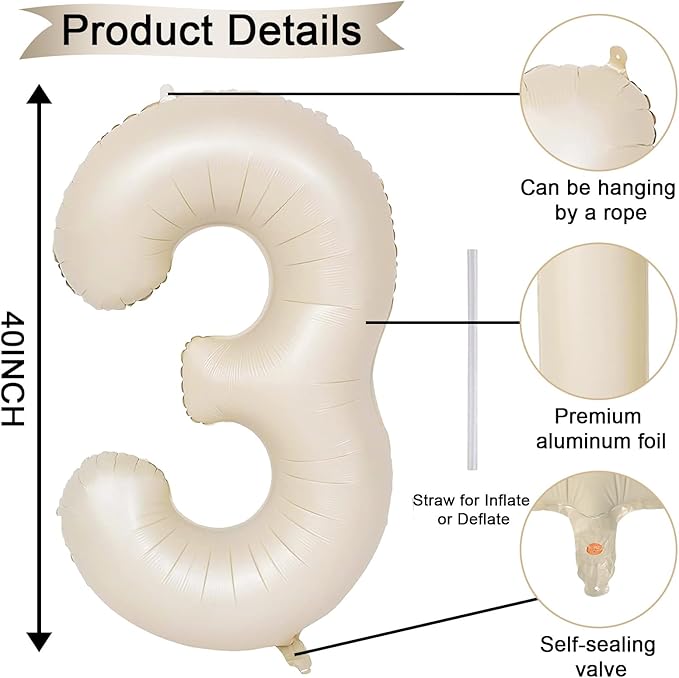 40 Inch Cream Number 30 Balloon, Beige Large Self Inflating Foil 3 & 0 Balloons for Women Men 30th Birthday Decorations 30 Helium Balloon Numbers for 30 Year Old Anniversary Baby Shower Party Supplies