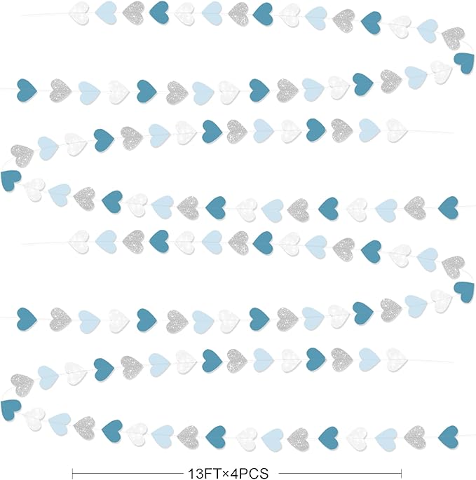 Silver Blue White Heart Party Decorations Dusty Blue Glitter Paper Silver White Love Heart Hanging Garland Streamer Banner for Birthday Baby Shower Valentines Day Anniversary Wedding Party Supplies