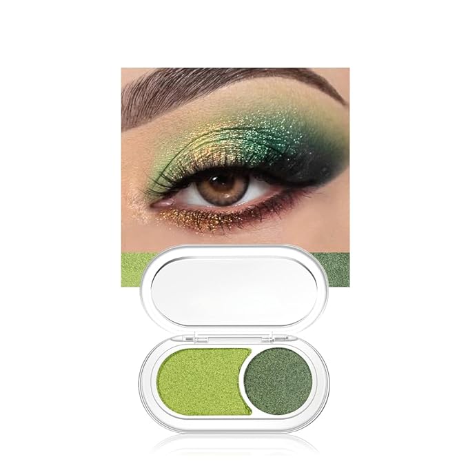 Light Green Shimmer Eyeshadow Green Double Colors Palette, High Pigment Eye Shadow Powder, Blendable Smooth and Texture Waterproof, Smudge-proof, Durable and Long-lasting Makeup Palette 02#