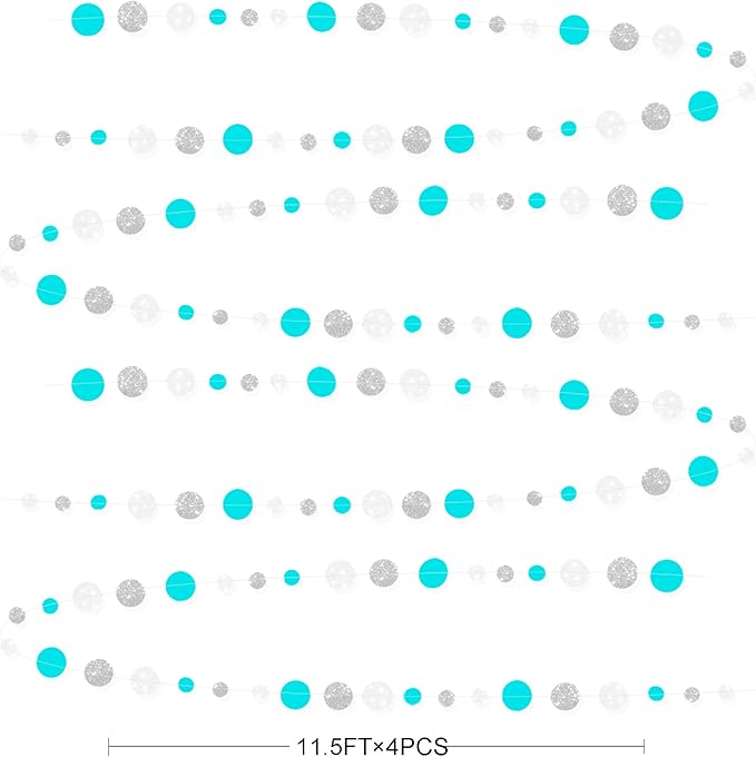 Teal Blue Silver White Party Polka Dot Garland Banner Aqua Turquoise Glitter Silver White Hanging Paper Circle Dots Streamer for Birthday Baby Shower Wedding Bridal Shower Party Decorations Supplies
