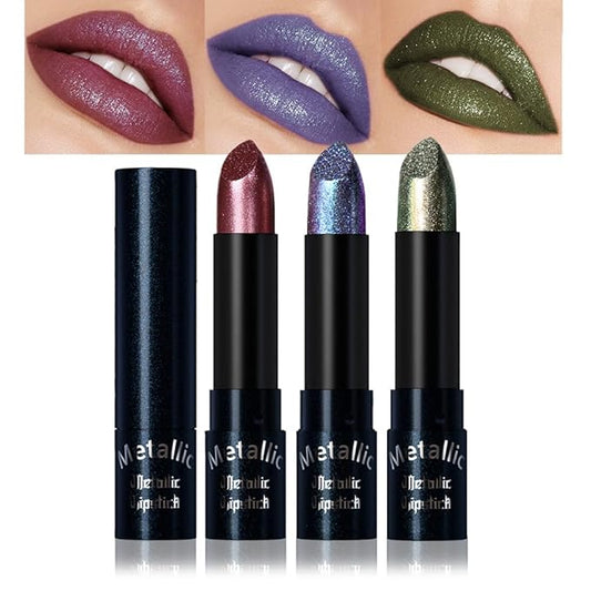 3Pcs Metallic Lipstick for Women,Lightweight Non-Drying Shimmer Frosted Lipsticks Kit Set,Glitter Lip Gloss Stain Long Lasting Waterproof No Smudge Proof No Transfer 12 Hour,Cruelty-Free Makeup (E)