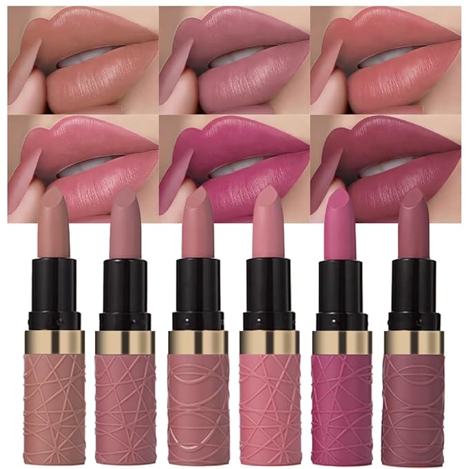 evpct 6Pcs Nude Brown Pink Purple Rose Red Mauve Matte Lipstick Sets for Women Velvet Lipstick Long Lasting Waterproof 24 Hours Lip Stick Stain Makeup Gift Sets labiales mate 24 horas originales A