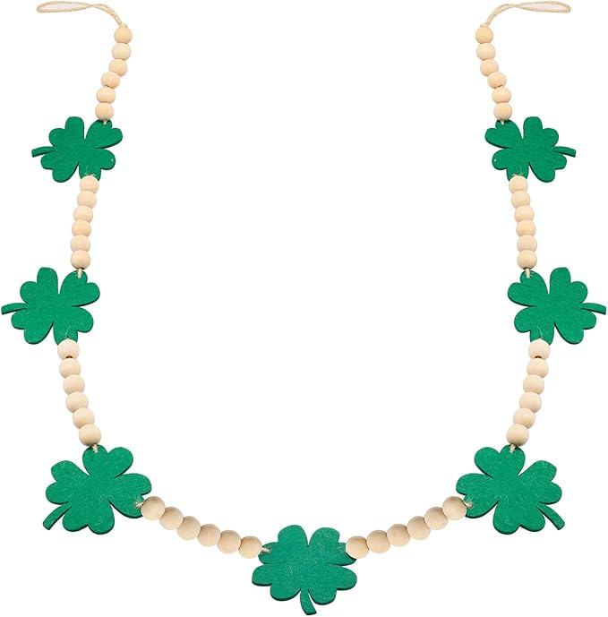 St. Patrick's Day Decorations, Felt Shamrocks Wood Bead Garland Banner for St. Patrick's Day Decor