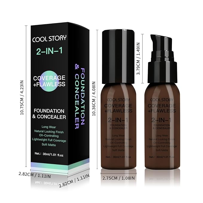 2-in-1 Foundation and Concealer Long Wear Natural Matte Finish Lightweight Coverage (Deep)