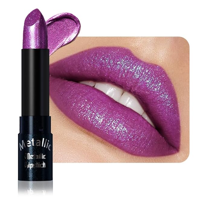 Dark Purple Metallic Lipstick for Women,Lightweight Non-Drying Shimmer Frosted Lipsticks,Glitter Lip Gloss Stain Long Lasting Waterproof No Smudge Proof No Transfer 12 Hour,Cruelty-Free Makeup
