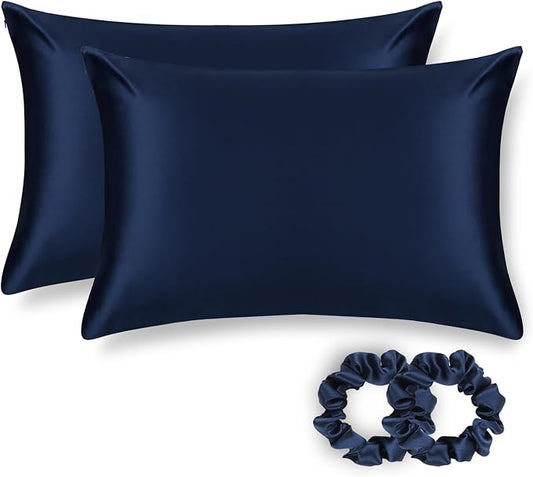 ALASKA BEAR Silk Pillowcase for Hair and Skin, Set of 2 Pure Genuine 22 Momme Mulberry Silk Pillow Cases Standard Size for Bliss Sleep Better Than Poly Satin, Zipper Closure(2pc, Navy)