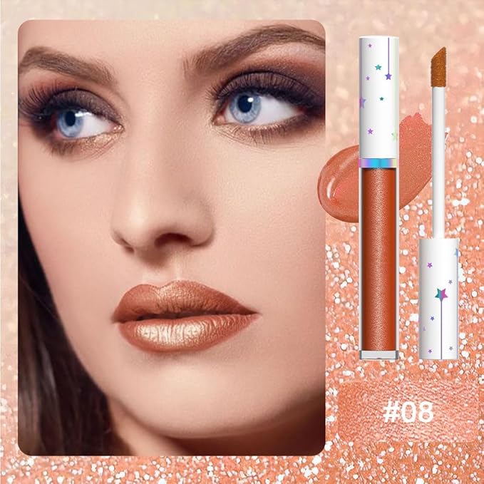 evpct 1Pcs Bronze Gold Metallic Glitter Lip Gloss Stain Lipstick for Women Long Lasting Waterproof 24, Orange Gold Frosted Metallic Shimmer Glossy Chrome iridescent Liquid Lipstick Lip Gloss Makeup 08