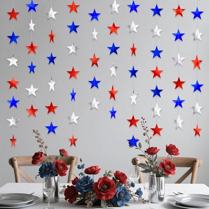 Red Silver and Blue Hanging Star Garland Patriotic Hanging Star Streamer Glitter Star Backdrop for 4th of July, Independence Day, Memorial Day, Veterans Day, Labor Day Decorations Decorations 40 Feet