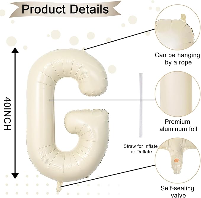 40 Inch Letter Balloons G, Big Custom A-Z Alphabet Foil Name Balloon Cream White, Self Inflating Beige Customize Helium Balloon Letters G for Women Girls Birthday Grad Oh Baby Shower Party Decorations
