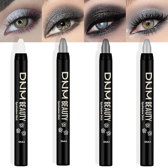 evpct 4Pcs White Black Grey Silver Cream Eyeshadow Pencil Bulk Stick Set, Waterproof Pearl white Dazzling grey Pearl black Silver Shimmer Metallic Eye shadow Crayon Stick sombras en crema para ojos