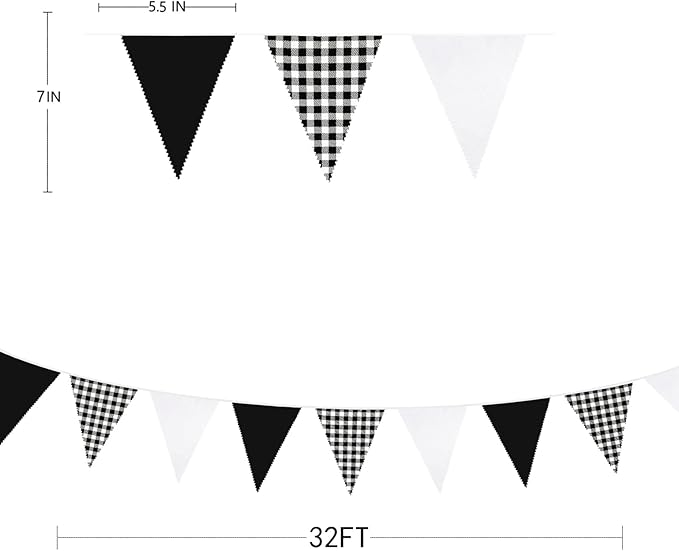 32Ft Black Party Decorations Black Buffalo Plaid Checkered White Triangle Flag Gingham Pennant Bunting Fabric Garland for Racing Car Party BBQ Birthday Wedding Carnival Picnic Outdoor Home Decor