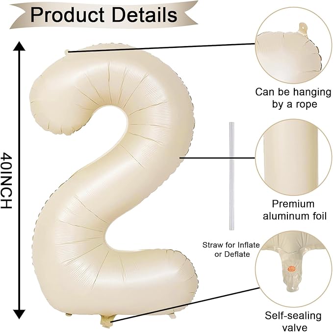 40 Inch Balloon Number 2 Beige, Large Foil Cream Number Balloons Set 0-9 for Men Women, Self Inflating Digital 2 Helium Balloons for Boys Girls 2nd Birthday Anniversary Baby Shower Party Decorations