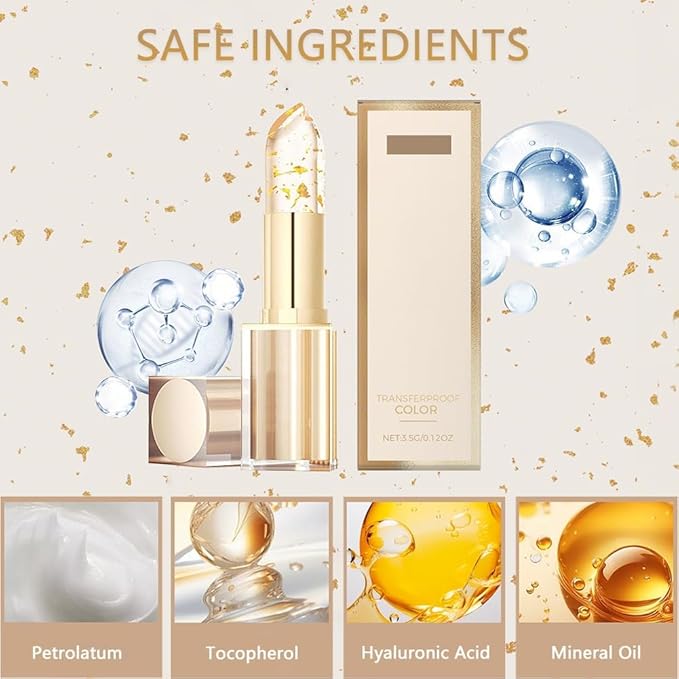 Transferproof Color Changing Lipstick,Transparente Transferproof Gold Crystal Color Changing Lip Stick,Labial Cambia De Color De, Long Lasting 24 Hours Moisturizing Glossy Shine Lip Gloss (3PC)