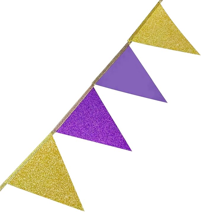 30Ft Purple Gold Party Decoration Pennant Banner Flag Hanging Glitter Paper Triangle Bunting for Baby Shower Birthday Bridal Shower Wedding Bachelorette Engagement Lavender Lilac Violet Party Supplies