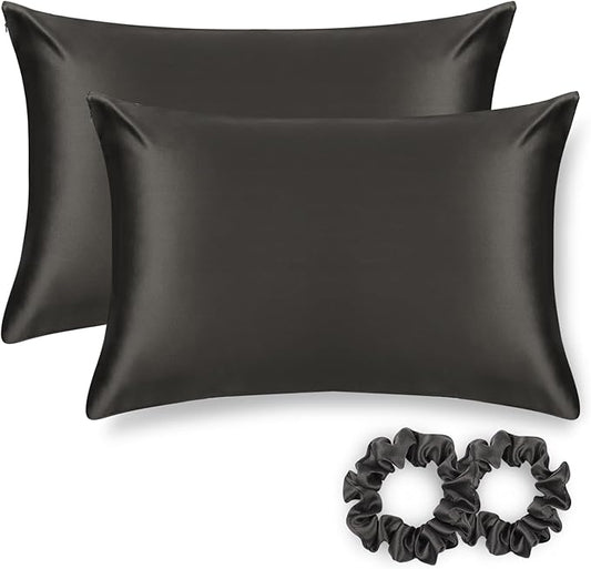 ALASKA BEAR Silk Pillowcase for Hair and Skin, Set of 2 Pure Genuine 22 Momme Mulberry Silk Pillow Cases Standard Size for Bliss Sleep Better Than Poly Satin, Zipper Closure(2pc, Charcoal)