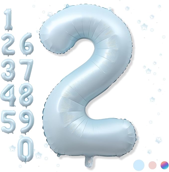 40 Inch 2 Balloon Number, Large Pastel Baby Matte Blue Foil Number 2 Balloons Birthday Party Decor, Light Blue Mylar Self Inflating Two Balloon for Boys 2nd Birthday Baby Shower Anniversary Decoration