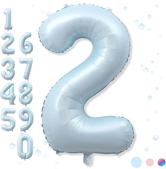 40 Inch 2 Balloon Number, Large Pastel Baby Matte Blue Foil Number 2 Balloons Birthday Party Decor, Light Blue Mylar Self Inflating Two Balloon for Boys 2nd Birthday Baby Shower Anniversary Decoration