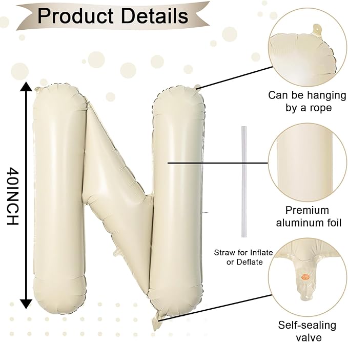 40 Inch Letter Balloons N, Big Custom A-Z Alphabet Foil Name Balloon Cream White, Self Inflating Beige Customize Helium Balloon Letters N for Women Girls Birthday New Year Baby Shower Party Decoration