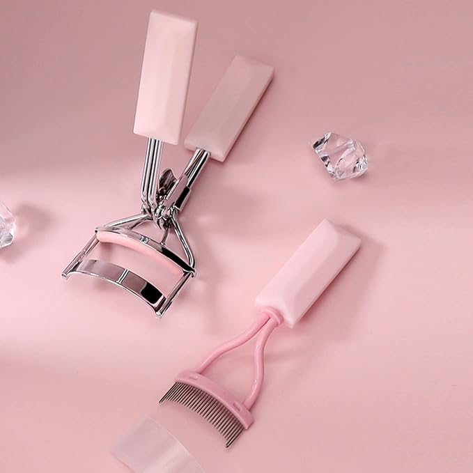 Eyelash Curler and Eyelash Comb Set with 2 Refill Pads (Pink)