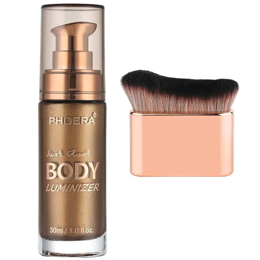 PHOERA Body Shimmer Oil,Bronzer Body Glow Highlighter Luminizer with Makup Bursh,Self Tanning Lotion,1oz/Jars (103 Glistening Bronze)