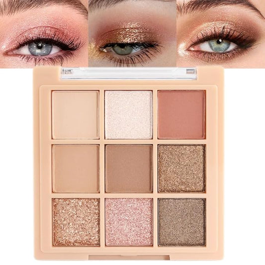 9Colors Nude Champagne Gold Rose Brown Colorful Glitter Eyeshadow Palette Makeup,Korean Natural Neutral Rainbow Eyeshadow Palettes Naturing-Looking Long Lasting Waterproof Blendable