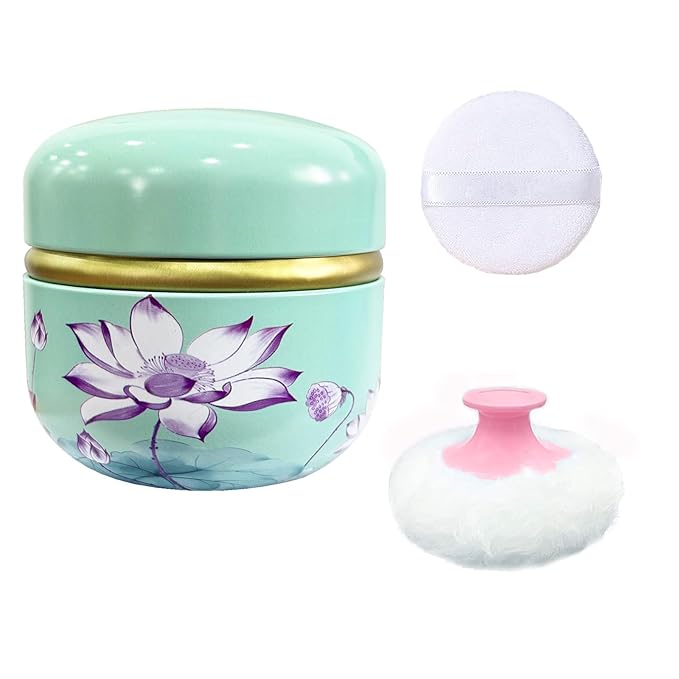 Body Powder Puff and Container for Dusting Powder, Women Powder Puff and Powder Case for Bath and Travel (Lotus Green)