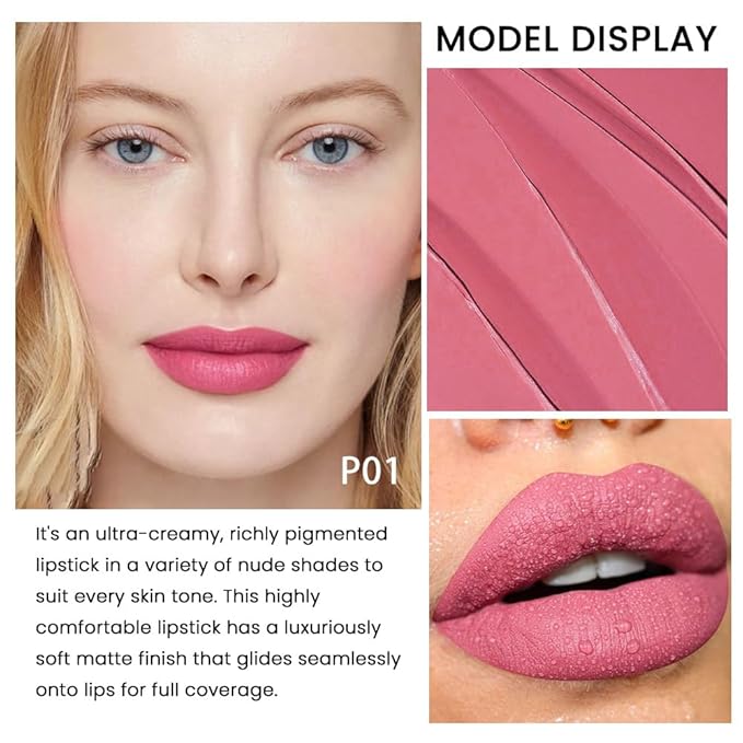 evpct 1Pcs Warm Pink Lipstick, Silky Velvet Matte Lipstick Pack Sets for Women, Long Lasting Smudge Proof Lipstick Lip Stain Makeup Kit matte lipstick 24 hours original P01