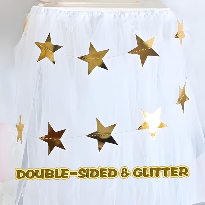 158 Feet 12 PCS Glitter Gold Star Garland Banner Decoration, Reflective Sparkle Little Star Paper Hanging Decor Double Side Star Streamer Bunting for Party Wedding Christmas Birthday Festival
