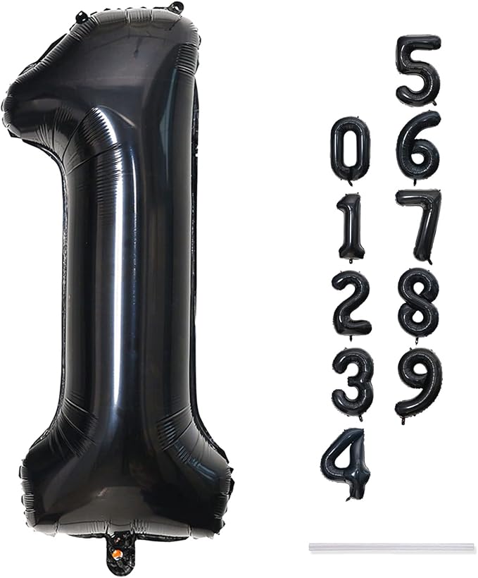 40 Inch Black Foil Balloon Number 1, Giant Self Inflating Number Balloons 0-9 Digital Helium Balloons Set for Girls Boys 1st Birthday Anniversary New Year's Eve Baby Shower Party Decorations Supplies