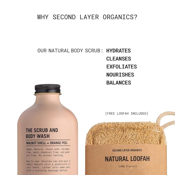 All Natural Body Scrub 10oz - Body Exfoliator with Walnut Shells and Orange Peel - Nourishing Cleanser & Body Scrub - Clean Beauty - Vegan Body Care - Organic Loofa Included