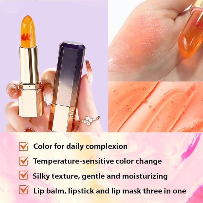 BINGBRUSH 2Pcs PH Color Changing Lipstick – Jelly Flower Lip Balm, Temperature-Activated Moisturizing Lip Tint, Long-Lasting Crystal Clear Lipstick for Women, Natural Glow & Hydration(#01+#02)