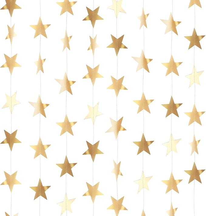 Patelai Glitter Star Garland Banner New Years Decor 130 Feet Star Hanging Banner Twinkle Backdrop for Birthday Classroom Wedding Halloween Christmas Party Supplies(Champagne Gold)