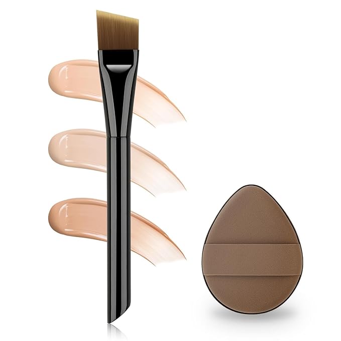 Ultra Thin Flat Foundation Brush for Liquid Makeup,Liquid Foundation Brush 0.1mm Peak, Flat Makup Brush with Power Puff for Liquild and Cream