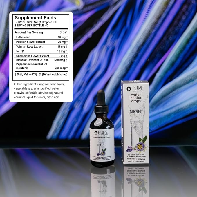 Pure Inventions Night - Pear Flavored Water Infusion Drops - No Sugar, Calories, or Artificial Sweeteners - 60 Servings - 2oz