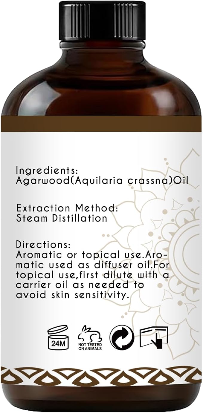 Agarwood Essential Oil, Pure Natural Organic Oud Essential Oil for Diffuser Meditation and DIY Cosmetic Making - 4 Oz