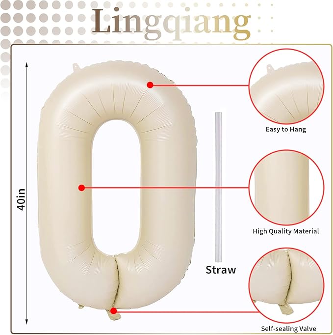 40 In Cream Large Numbers Balloons 0-9, Self Inflating White Sand Foil Number 0 Helium Balloons for Boys Girls, Big Beige Digit 0 Balloons for Women Men Birthday Party Anniversary Supplies Decorations