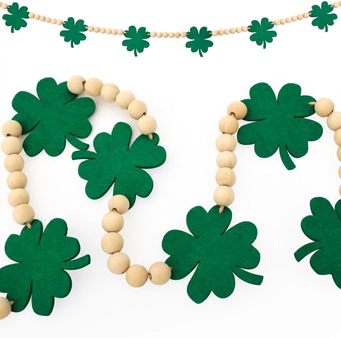 St. Patrick's Day Decorations, Felt Shamrocks Wood Bead Garland Banner for St. Patrick's Day Decor