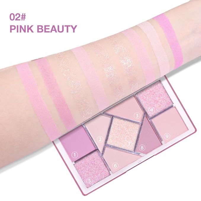 Matte Shimmer purple pink Eye Shadow Palette Makeup,Eyeshadow Long Lasting Waterproof Cruelty-Free, 9 Blendable Shades in Smooth Matte and Shimmer Finishes with Gorgeous Pearls for woman