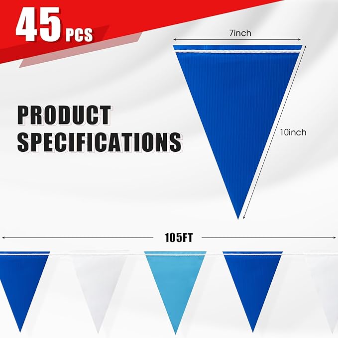 Safety Warning Pennant Banner Flags – Multipurpose 105FT OSHA High Visibility Colored Triangle Flags for Party, Roadwork, and Hazard Areas(Dark+Light Blue,45pcs,105FT)