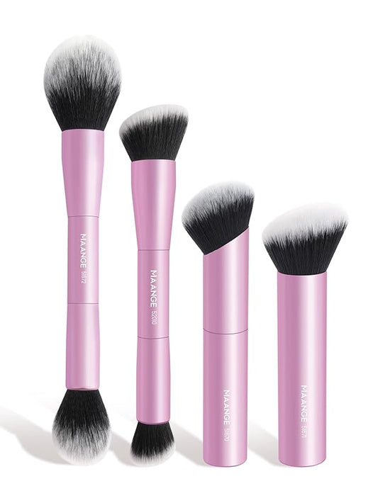 MAANGE 4 PCS Foundation Makeup Brush Set Double-ended Kabuki Brush Contour Brush for Liquid Powder Concealer Cream Cosmetics Blending Blush Face Makeup Tools Kit (Pink)