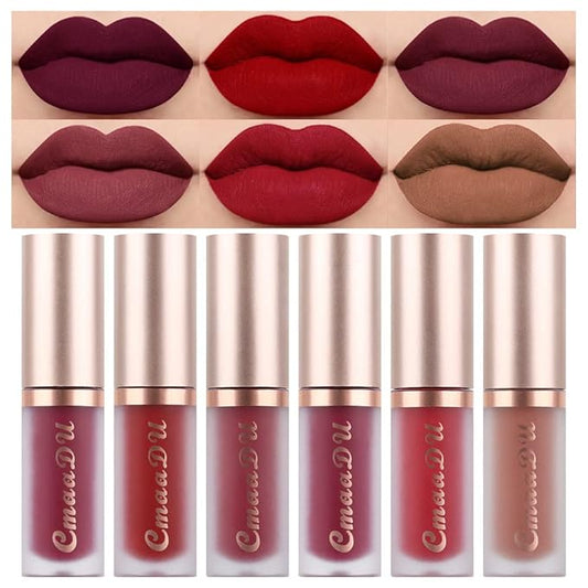 evpct 6Pcs Dark Bright Ruby Sexy Brick Mauve Plum Red Brown Matte Matt Liquid Lipstick Lip Gloss Glossy Set for Black Women 24 Hour Silky Velvet Lipstick Lip Liner set labiales matte larga duracion 24