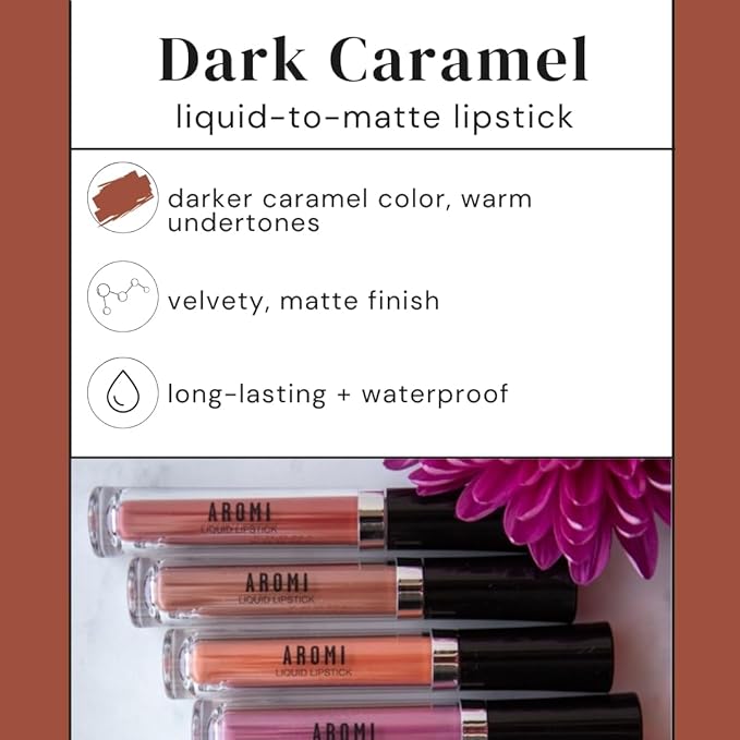 Aromi Matte Liquid Lipstick | Brown Nutmeg Lip Color, Long Wear, Transfer Proof, Paraben, Phthalate, + Gluten Free, Waterproof, Waterproof, Vegan (Dark Caramel)