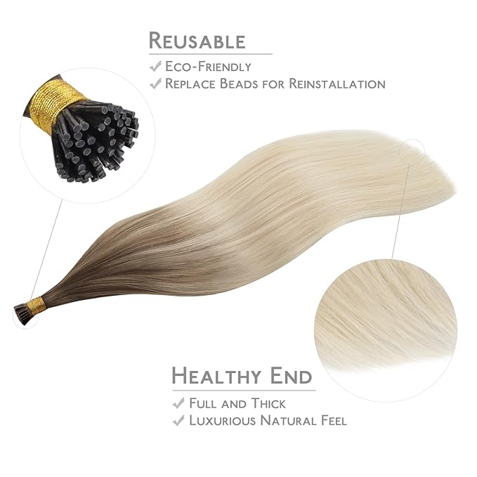 WENNALIFE I Tip Hair Extensions Human Hair, 50g 100s 14 Inch Ombre Sandy Brown to Platinum Blonde Remy Itip Human Hair Extensions Invisible Itips Straight I Tips Fusion Extensions Real Human Hair