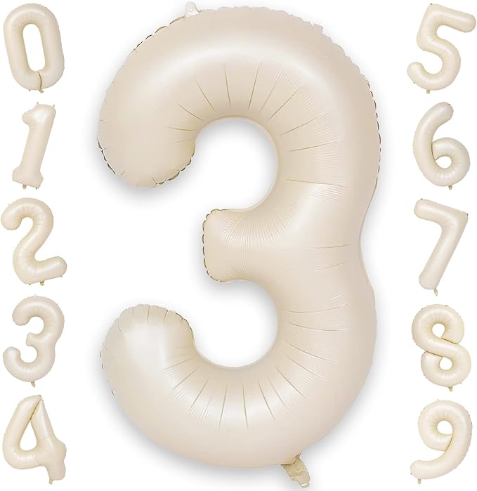 40 Inch Beige Numbers Balloons 3, Large Self Inflating Cream White Digit 3 Helium Balloons for 3rd Birthday Girls Boys, Foil Mylar Number 3 Balloons for Women Birthday Party Anniversary Decorations